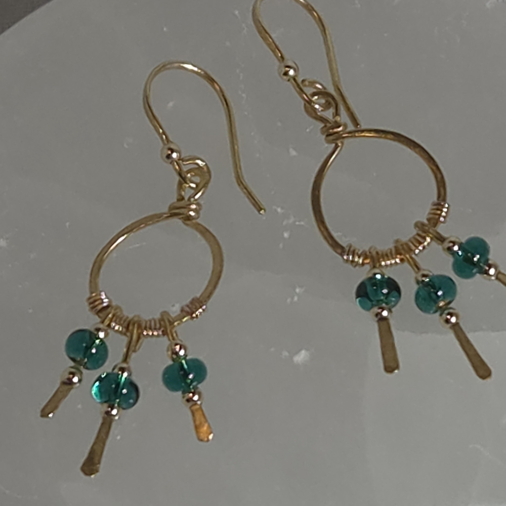 Jazzy Brass And Teal Czech Glass Teardrop Earrings , 14kGF Accents